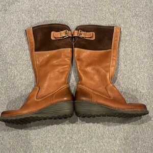 ECCO tan and brown leather and suede tall boots, wedge heel, size 38.